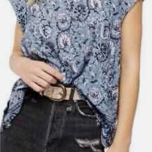 Free People S High Tide Dual Floral Print High/Low T-Shirt Blue Flowy Cotton